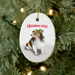 Sheltie with Green Holly Christmas Ornament