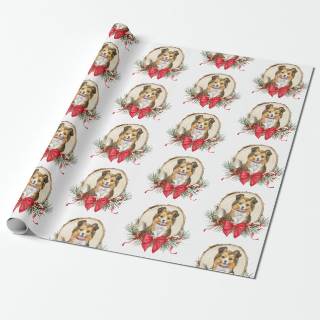 Sheltie Wood Slice Christmas Wrapping Paper (Unrolled)