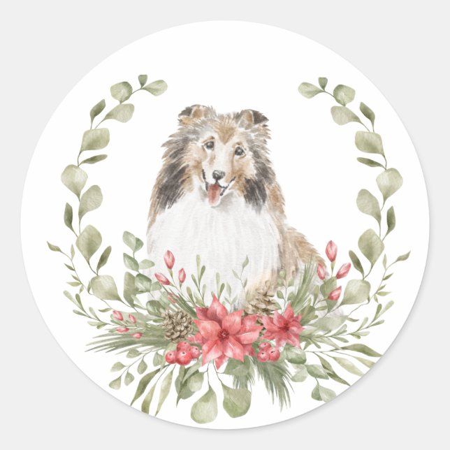 Shelties in a Christmas Wreath Classic Round Sticker (Front)