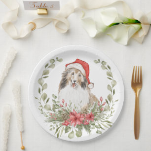 Shelties in a Santa Hat  Paper Plate