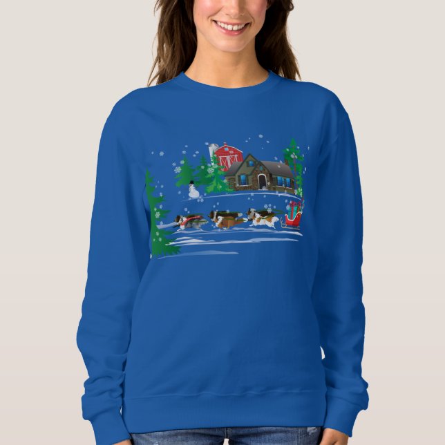Shelties Pulling Sled, Snowing Holiday Christmas Sweatshirt (Front)