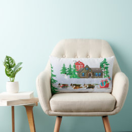 Shelties Pulling Sleigh, Barn, Holiday Christmas Lumbar Cushion