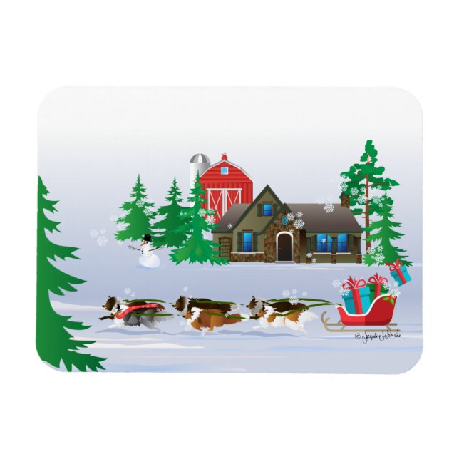 Shelties Pulling Sleigh Christmas Flexible Magnet (Horizontal)