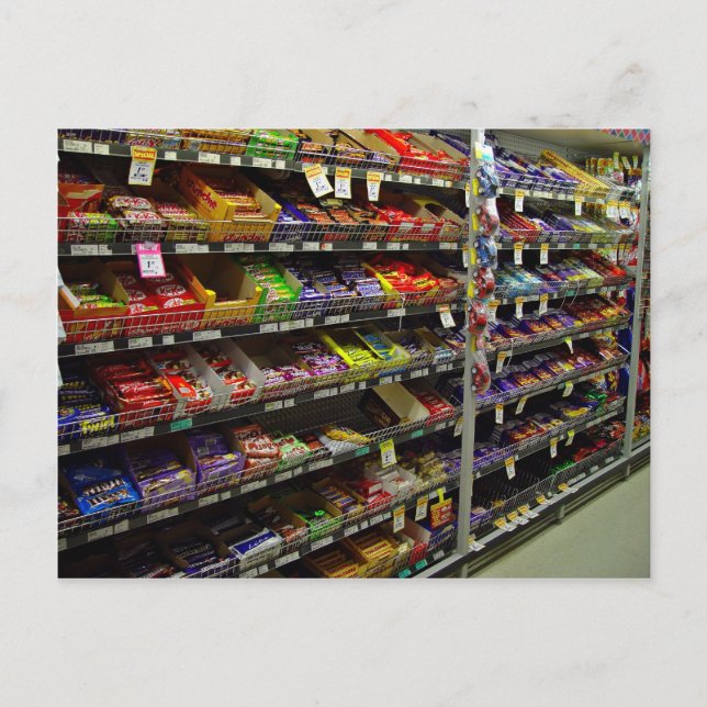 Shelves of chocolate bars in store postcard (Front)