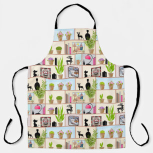 Shelves with flowers, books and decorations apron