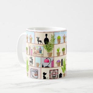 Shelves with flowers, books and decorations coffee mug