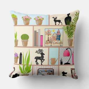 Shelves with flowers, books and decorations cushion