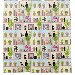 Shelves with flowers, books and decorations shower curtain