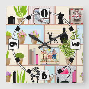 Shelves with flowers, books and decorations square wall clock