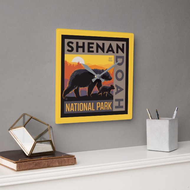 Shenandoah National Park | Mama Bear & Cubs Square Wall Clock (Office)