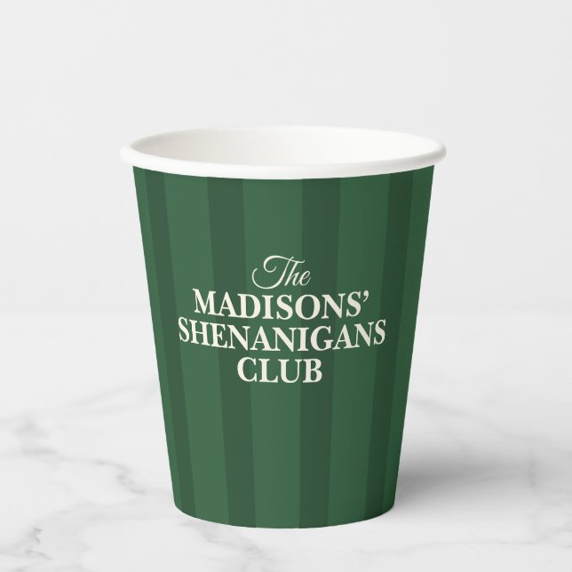 Shenanigan Family Name Green Stripes Paper Cups (Front)