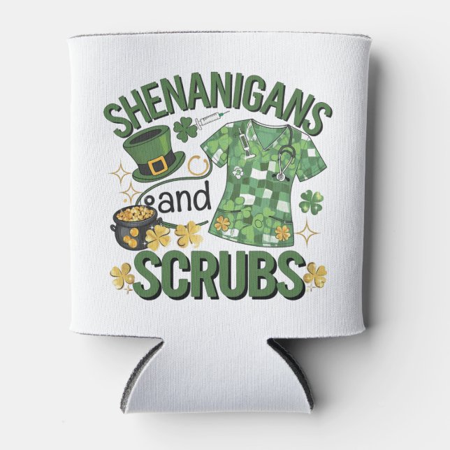 Shenanigans and Scrubs Funny Nursing St Patrick's  Can Cooler (Front)