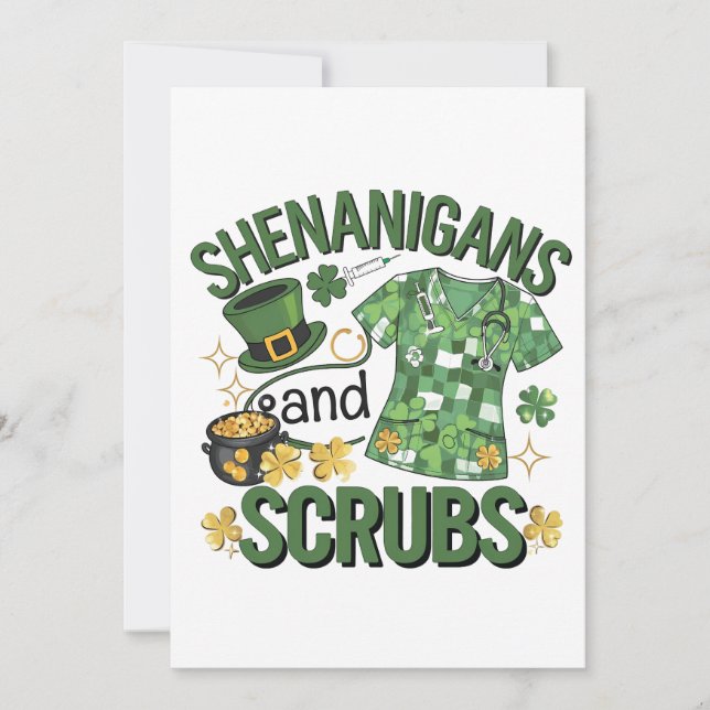 Shenanigans and Scrubs Funny Nursing St Patrick's  Invitation (Front)