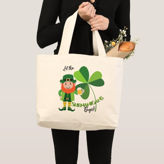 Shenanigans Leprechaun Shamrock St Patrick’s Day Large Tote Bag (Front (Product))