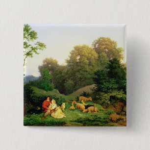 Shepherd and Shepherdess in a German landscape 15 Cm Square Badge