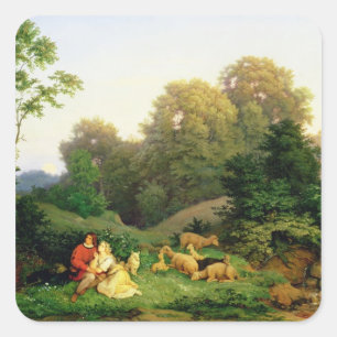 Shepherd and Shepherdess in a German landscape Square Sticker
