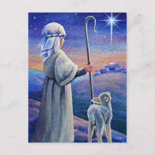 Shepherd Boy Lamb & Star Christmas Watercolor Art Postcard
