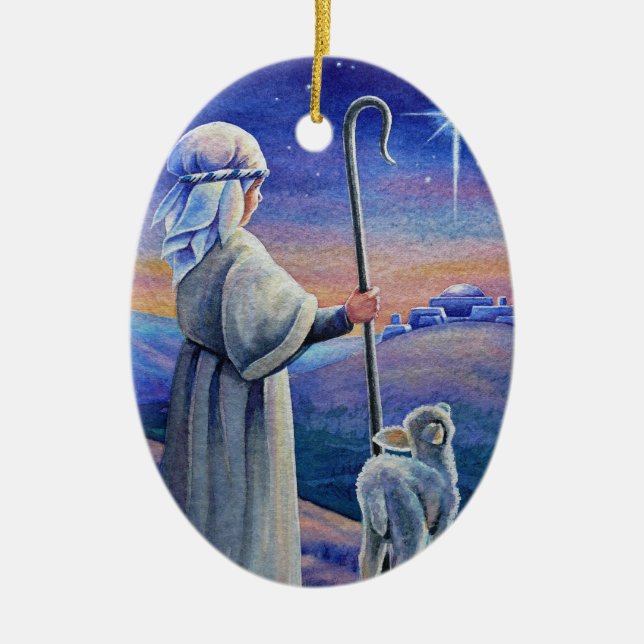 Shepherd Boy Lamb & Star Watercolor Art Ceramic Ornament (Front)