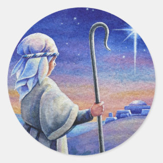 Shepherd Boy Lamb & Star Watercolor Art Classic Round Sticker