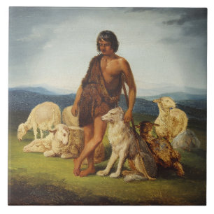 Shepherd in a Rural Landscape Ceramic Tile