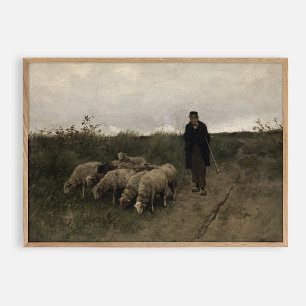 Shepherd, vintage oil on canvas poster