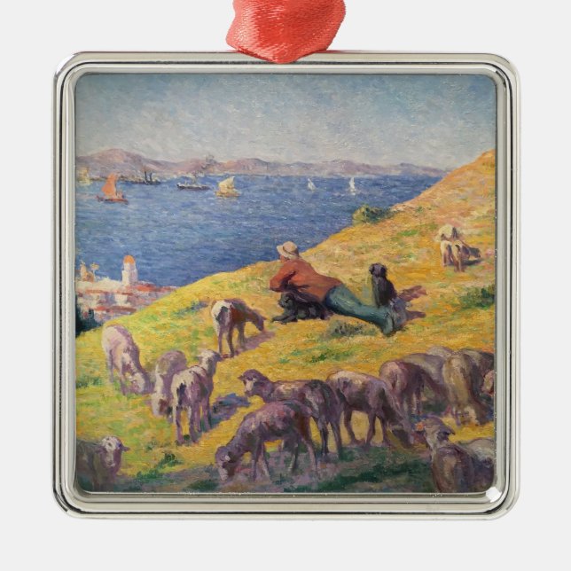 Shepherd With His Sheep Dogs Watching the Sea Metal Ornament (Front)