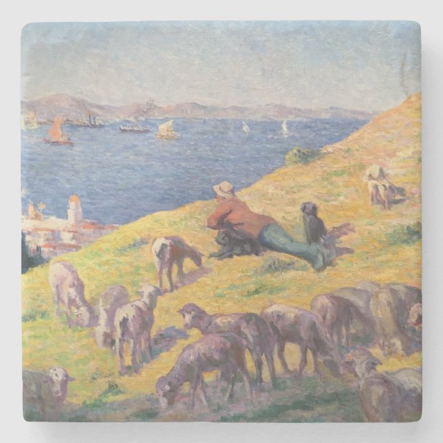 Shepherd With His Sheep Dogs Watching the Sea Stone Coaster (Front)