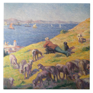 Shepherd With His Sheep Watching the Sea Ceramic Tile