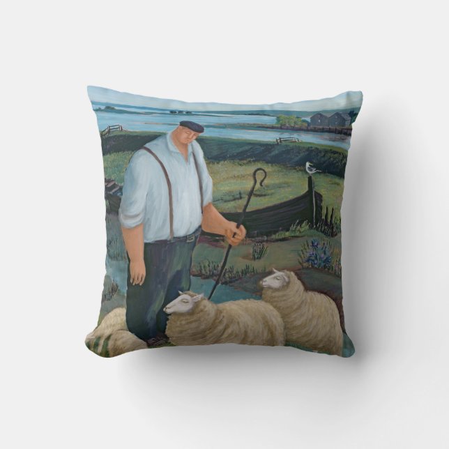 Shepherd with Sheep in River Landscape Cushion (Front)