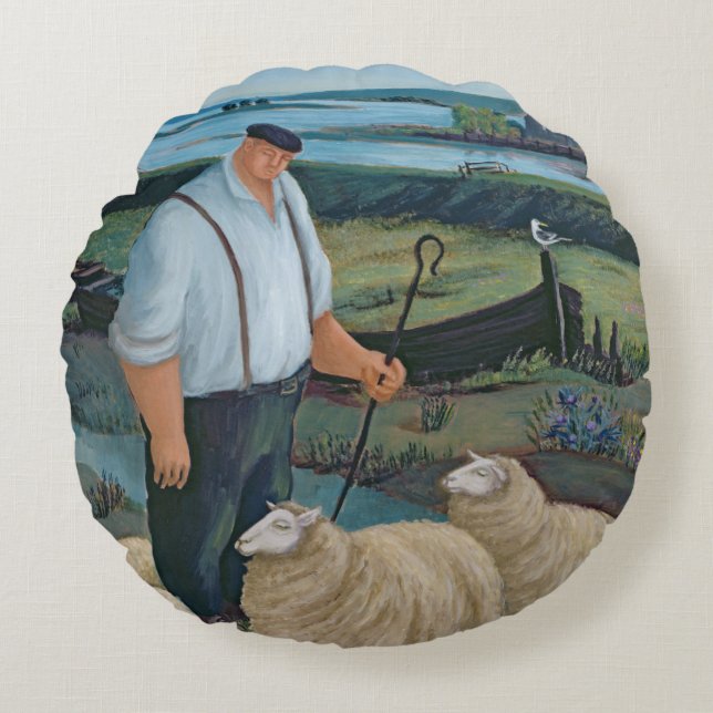 Shepherd with Sheep in River Landscape Round Cushion (Front)