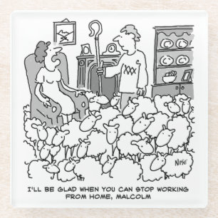 Shepherd Working from Home with Sheep. Funny Glass Coaster