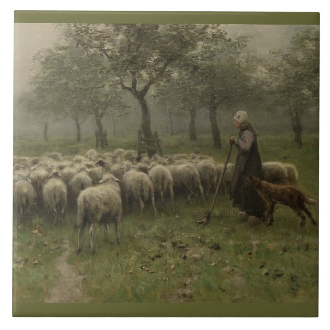 Shepherdess with a Flock of Sheep, Anton Mauve Tile (Front)
