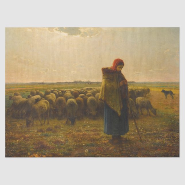 Shepherdess with her Flock by Jean-Francois Millet Tissue Paper (Front)