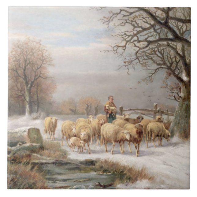 Shepherdess with her Flock in a Winter Landscape ( Ceramic Tile (Front)