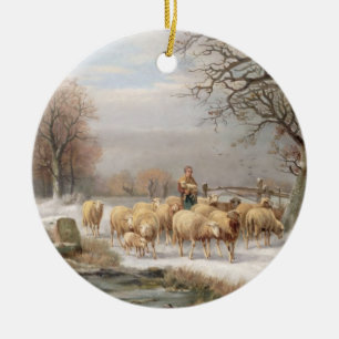 Shepherdess with her Flock in a Winter Landscape ( Ceramic Tree Decoration