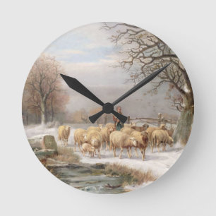 Shepherdess with her Flock in a Winter Landscape ( Round Clock