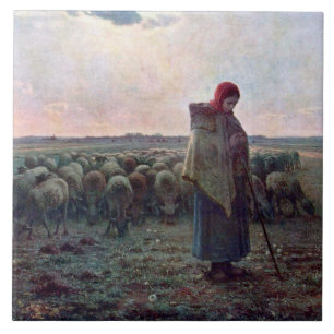 Shepherdess with Her Flock, Jean-Francois Millet Ceramic Tile