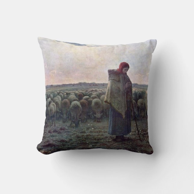 Shepherdess with Her Flock, Jean-Francois Millet Cushion (Front)
