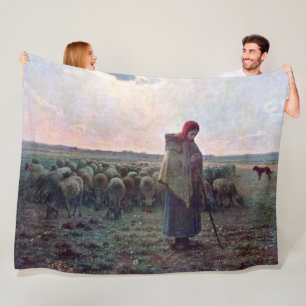 Shepherdess with Her Flock, Jean-Francois Millet Fleece Blanket