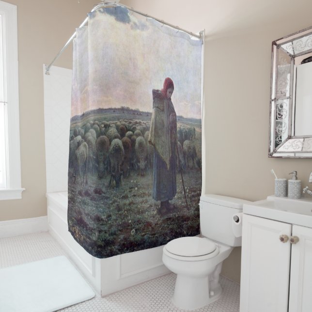 Shepherdess with Her Flock, Jean-Francois Millet Shower Curtain (In Situ)