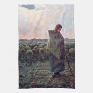 Shepherdess with Her Flock, Jean-Francois Millet Tea Towel