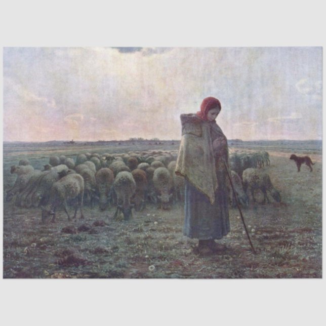 Shepherdess with Her Flock, Jean-Francois Millet Tissue Paper (Front)