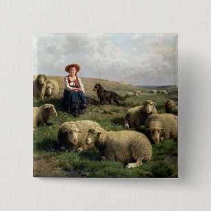 Shepherdess with Sheep in a Landscape 15 Cm Square Badge