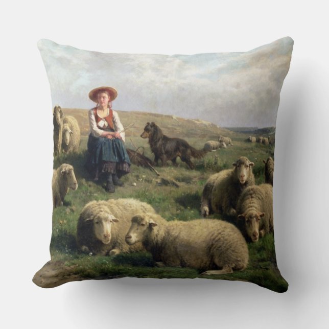 Shepherdess with Sheep in a Landscape Cushion (Front)