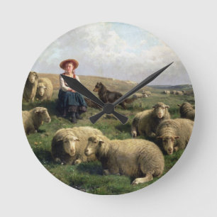 Shepherdess with Sheep in a Landscape Round Clock
