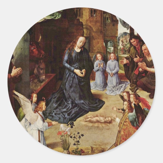 Shepherds and Angels Adore Him Classic Round Sticker (Front)