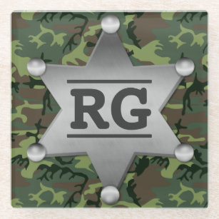 Sheriff Badge Monogram Green Brown Camouflage Glass Coaster
