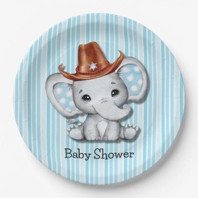 Sheriff Cowboy Elephant Baby Shower Thank You Paper Plate (Front)