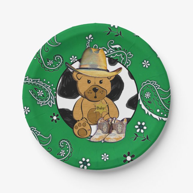 Sheriff Teddy Bear Green Bandanna Cake Paper Plate (Front)