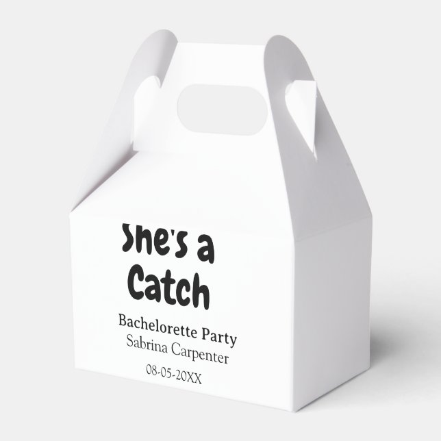 She's a catch bachelorette party name date simple  favour box (Front Side)